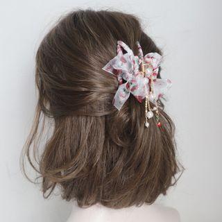 Floral Print Bow Hair Claw Pink & Green & White - One Size