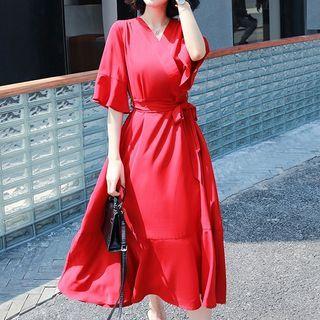 Elbow-sleeve Midi A-line Wrap Dress