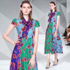 Cap-sleeve Color Block Floral A-line Midi Dress
