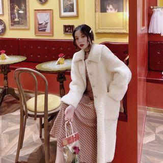 Collared Button-up Fleece Long Coat Beige - One Size