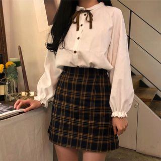 Tie-neck Puff-sleeve Corduroy Shirt White - One Size