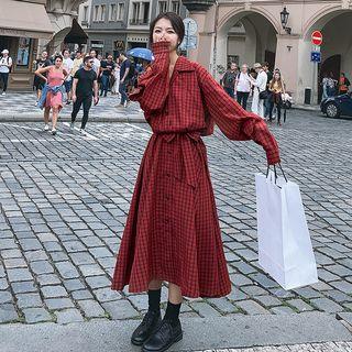 Single-breasted Plaid Long-sleeve Midi Dress