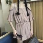 Buttoned Off Shoulder Elbow Sleeve Playsuit
