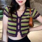 Short-sleeve Striped Knit Crop Top Stripes - Green & Coffee - One Size