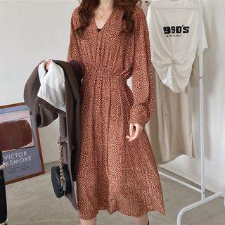 Long-sleeve Midi Floral A-line Dress Tangerine Red - One Size