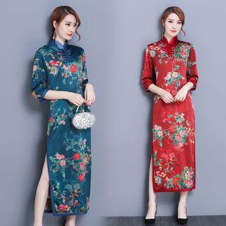 Elbow-sleeve Floral Print Midi Cheongsam Dress