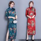 Elbow-sleeve Floral Print Midi Cheongsam Dress