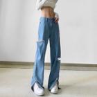 High Waist Beaded Cutout Wide Leg Jeans