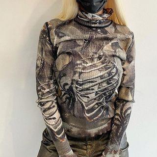 Skelton Print Mock-neck Long-sleeve Ruffled Top