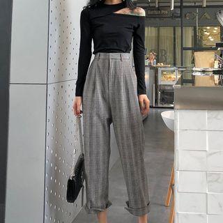 Cutout Shoulder Long-sleeve T-shirt / Plaid Straight-cut Pants