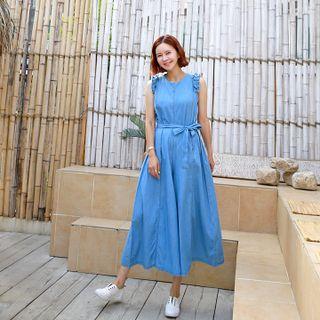 Sleeveless Pleated Frill-trim Jumpsuit