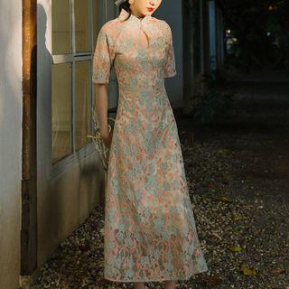 Short-sleeve Mandarin Collar Midi A-line Dress
