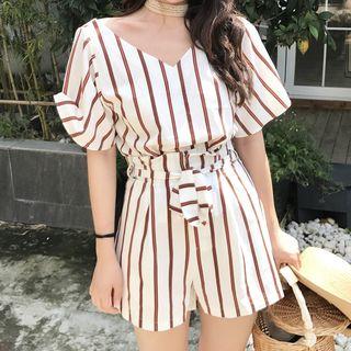 Set: Striped Elbow-sleeve Top + Wide-leg Shorts
