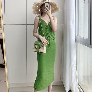 Set: Drawstring Knit Camisole Top + Midi Straight-fit Skirt