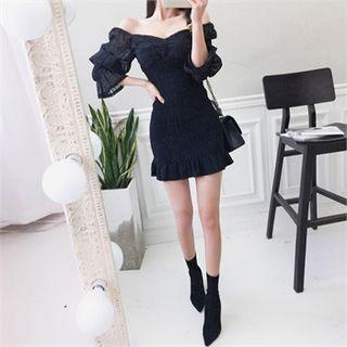 Off-shoulder Smocked-panel Lace Minidress