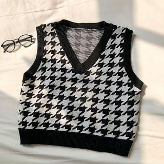Houndstooth V-neck Knit Vest Black - One Size