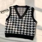 Houndstooth V-neck Knit Vest Black - One Size