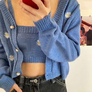 Set: Floral Embroidered Cropped Knit Camisole Top + Cardigan