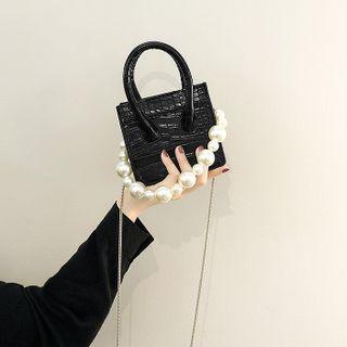 Faux Pearl Strap Mini Croc Grain Crossbody Bag