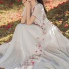 Short-sleeve Floral Embroidered Maxi A-line Dress