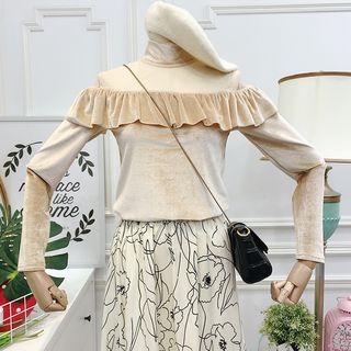 Long-sleeve Mock Turtleneck Mesh Panel Velvet Top