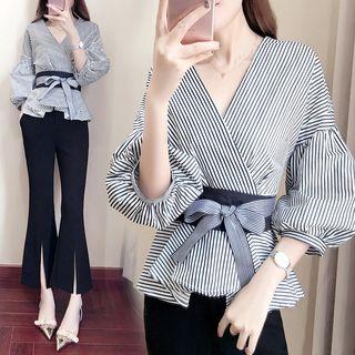 Set: Lantern-sleeve V-neck Top + Slit Boot-cut Pants