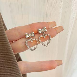 Bow Heart Rhinestone Dangle Earring 1 Pair - Earring - Silver - One Size