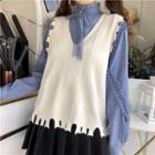 Frilled Trim Lace-up Blouse / Ripped V-neck Vest