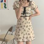 Short-sleeve Floral Mini A-line Dress Floral - Black & Almond - One Size