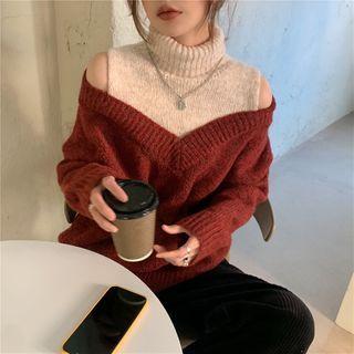 Mock Two-piece Cold-shoulder Mock-neck Sweater