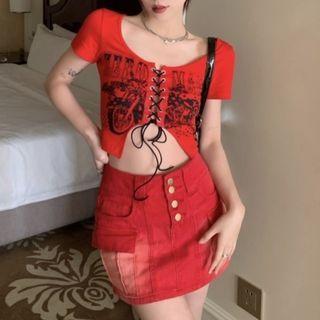 Short-sleeve Lettering Lace Up Lettering Cropped T-shirt / Pocket Detail Mini Pencil Skirt
