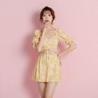 Short-sleeve Floral Print Swim Dress / Pouch / Set