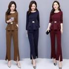 Set: Long-sleeve Peplum Top + Wide-leg Pants