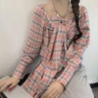 Long-sleeve Tie-front Buttoned Plaid Top Pink - One Size