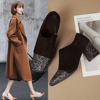 Glitter Panel Faux Leather Chunky Heel Pumps