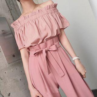 Set: Elbow-sleeve Frill Trim Top + Wide-leg Pants