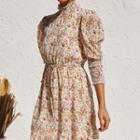 3/4-sleeve Floral Print Mock-neck Mini A-line Dress