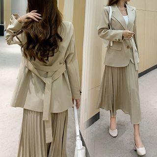 Set Of 2: Single Breasted Blazer + Pleated Midi Skirt