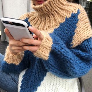 Color Block Wool Blend Chunky Sweater Beige - One Size