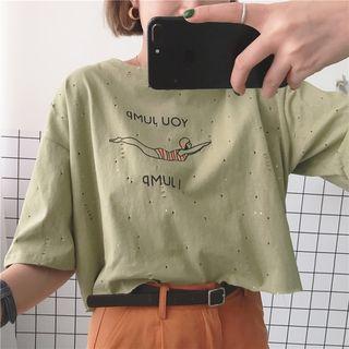 Cartoon Print Ripped Elbow-sleeve Cropped T-shirt