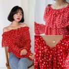 Off-shoulder Frill-trim Patterned Blouse