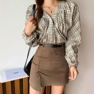 V-neck Shirred Plaid Blouse