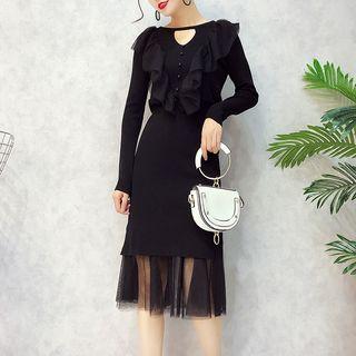 Set: Ruffle Trim Knit Pullover + Sheer Panel Knitted Midi Skirt