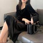 Puff-sleeve V-neck Velvet Plain Dress