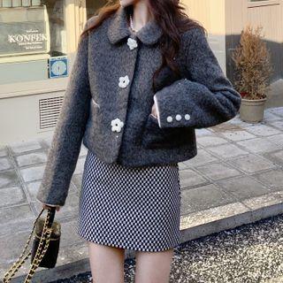 Long-sleeve Peter Pan Collar Woolen Jacket / Plaid Mini Skirt