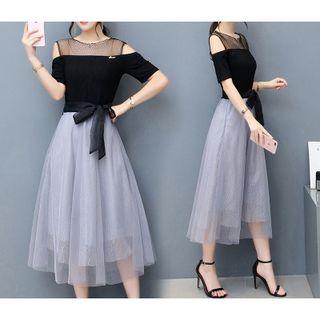Cold-shoulder Mock Two-piece Dress