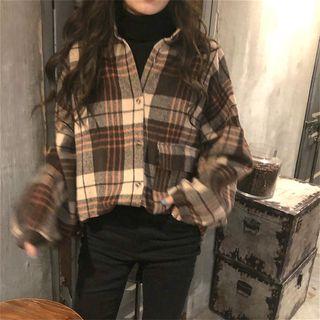 Plaid Long-sleeve Shirt Coffee - One Size