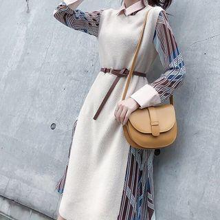 Set: Print Midi A-line Shirt Dress + Long Sweater Vest