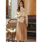 Set: Asymmetric-hem Sweater + Velvet Long Pleated Skirt