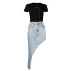 Short-sleeve T-shirt / Asymmetric Denim Skirt